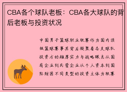 CBA各个球队老板：CBA各大球队的背后老板与投资状况